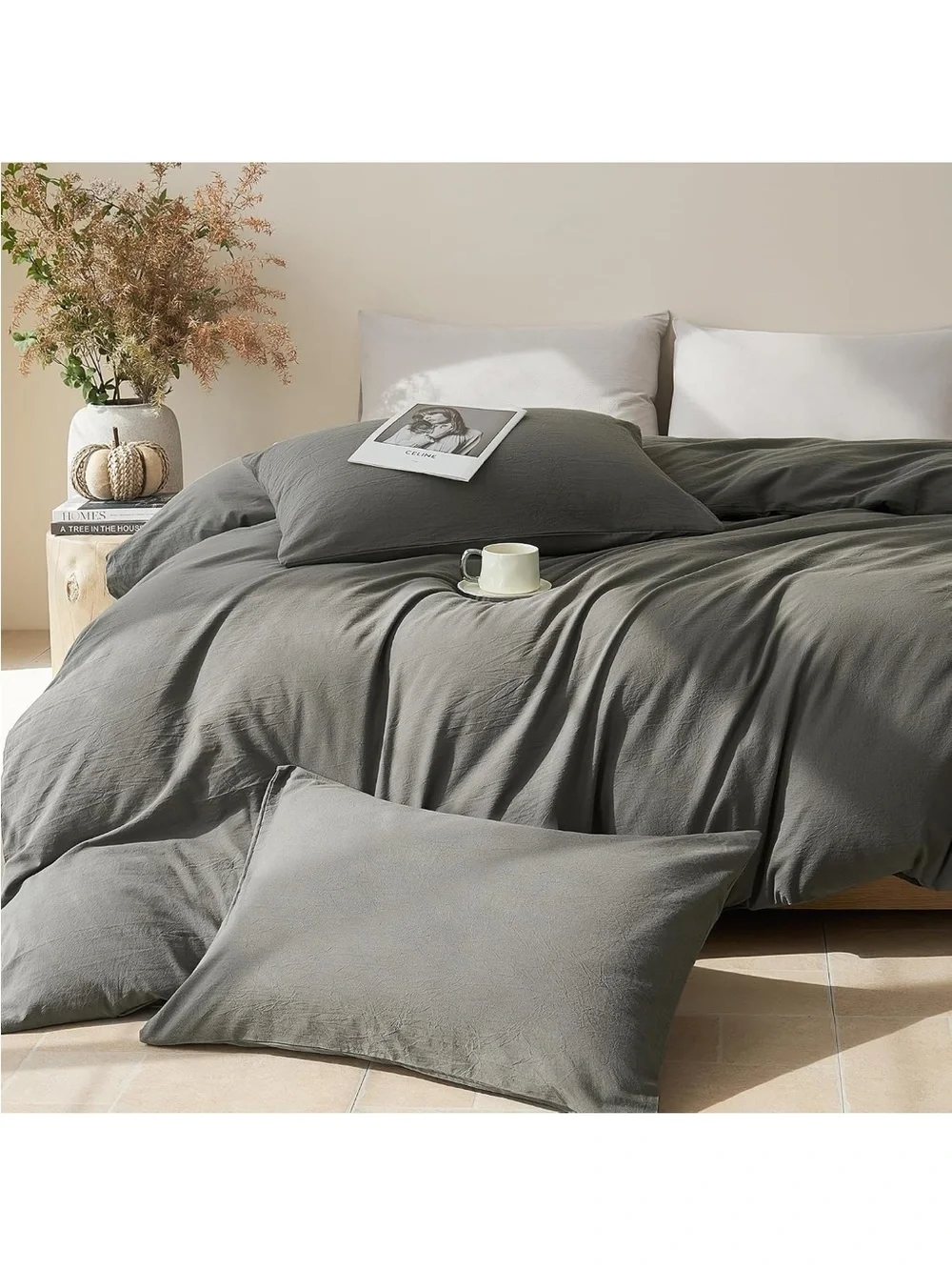 NEW JELLYMONI 100% Washed Cotton Duvet Cover Set, Linen-Like Texture. King.